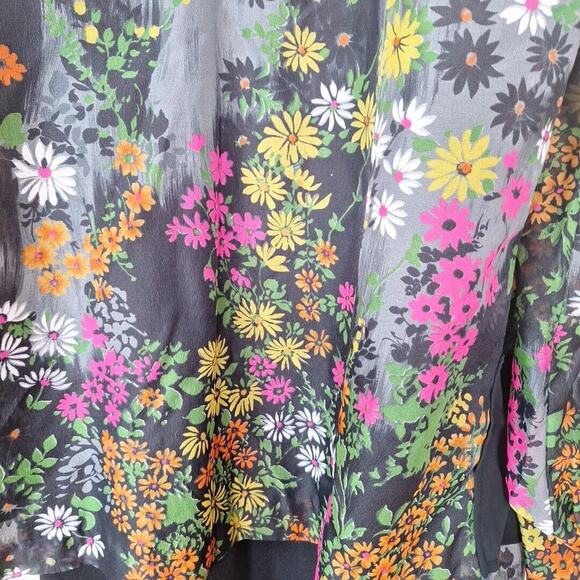 Vintage 70s Black Dayglo Floral Maxi Hostess Dress Sheer Jacket Women Size M/L - Picture 11 of 12